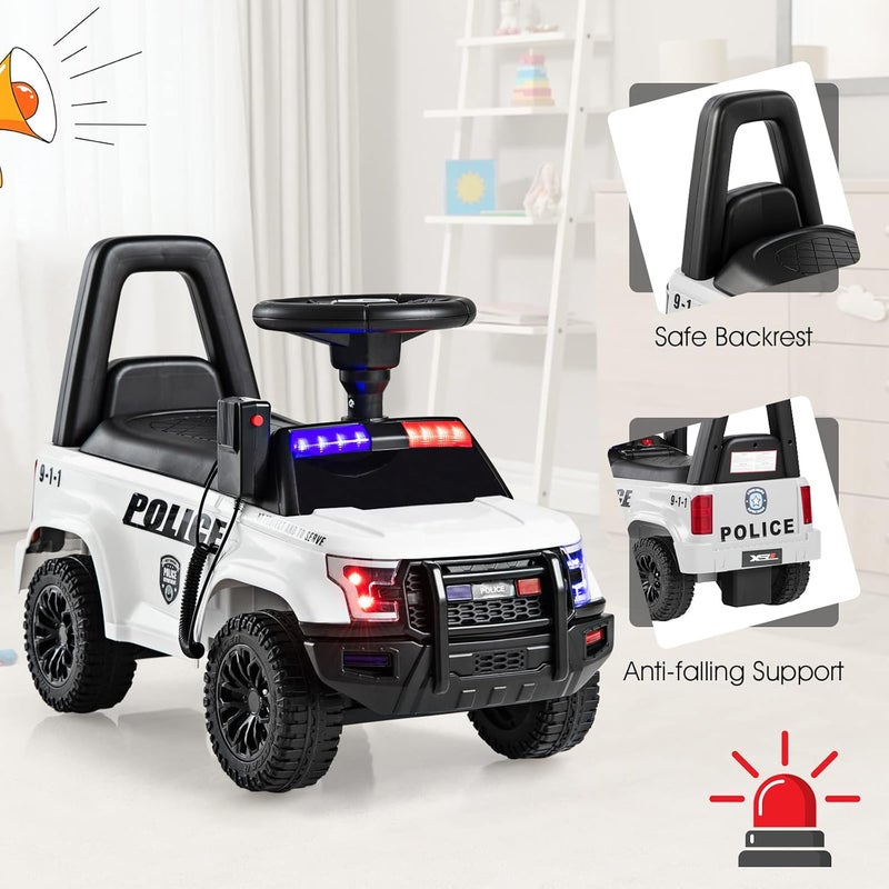 Olakids Ride On Push Police Car, Toddler Foot-to-Floor Sliding Toy with Siren, Steering Wheel, Megaphone, Horn, Headlights, Under Seat Storage, Kids Racer Walking Gift for Boys Girls 1-3 (White) - Image 5